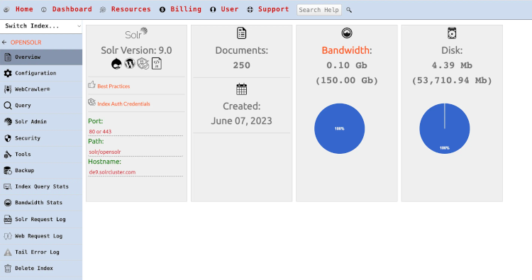 Connect to Your Opensolr Index Using the Control Panel Information