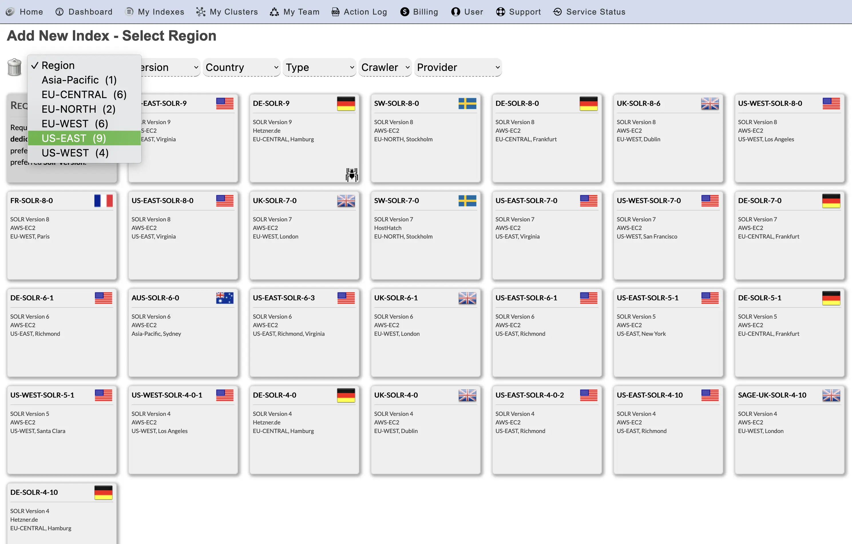 Select Opensolr Region